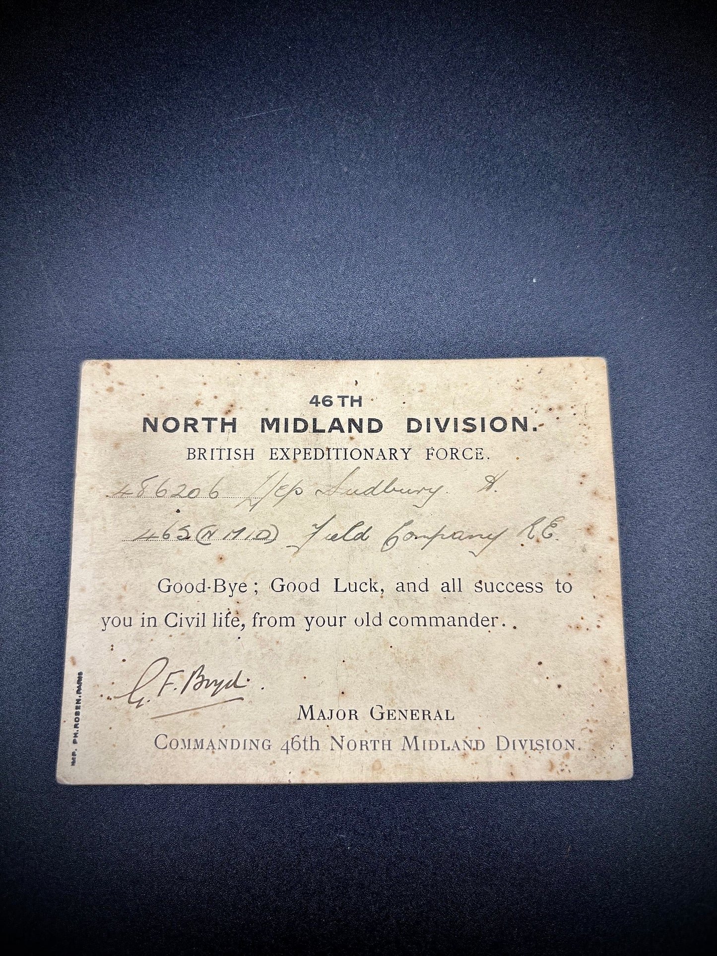 WW1 Farewell Card Signed By Major General Boyd 46th Division