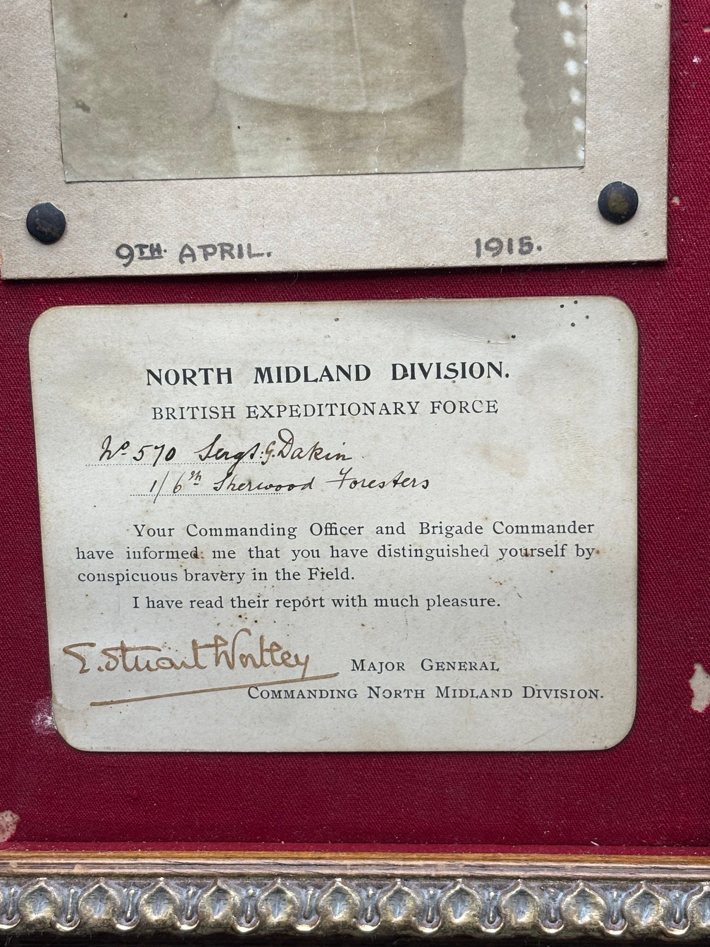 WW1 Notts and Derby Bravery In The Field Commendation Signed By Sir Stuart Wortley CO 46th Division
