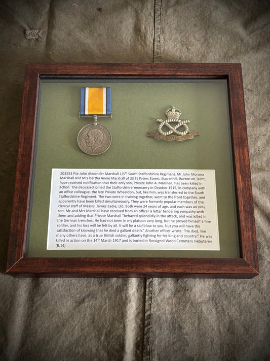 WW1 Great War Medal Awarded To Pte Marshall 1/5th South Staffordshire Casualty