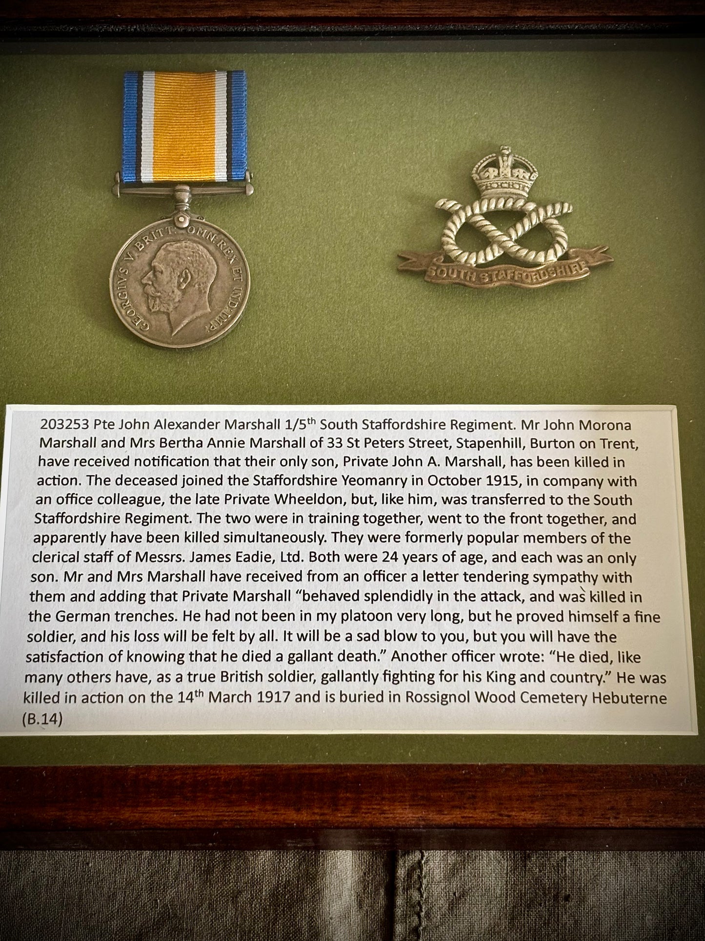 WW1 Great War Medal Awarded To Pte Marshall 1/5th South Staffordshire Casualty