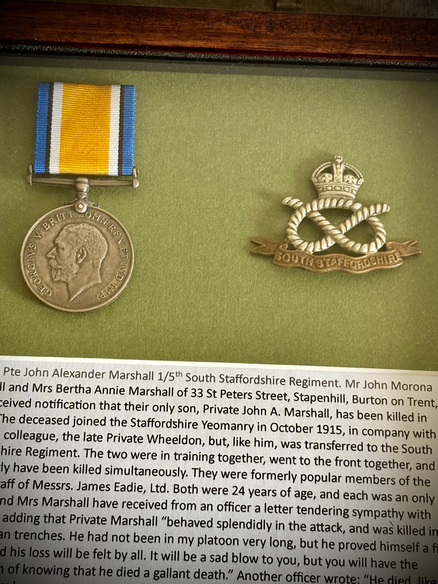 WW1 Great War Medal Awarded To Pte Marshall 1/5th South Staffordshire Casualty