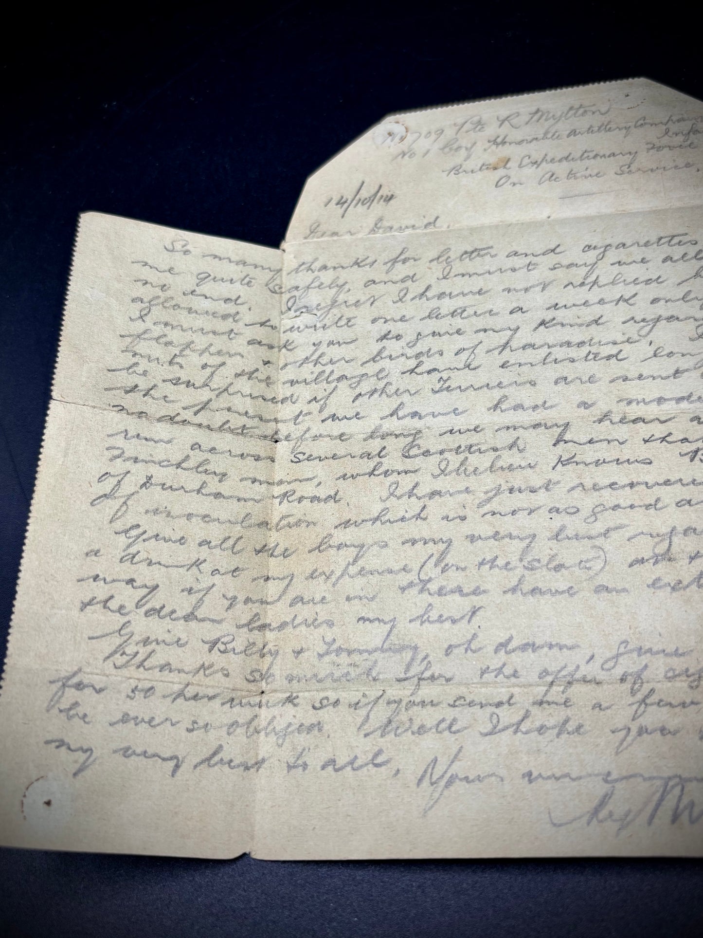 WW1 1914 Letter BEF Honourable Artillery Company