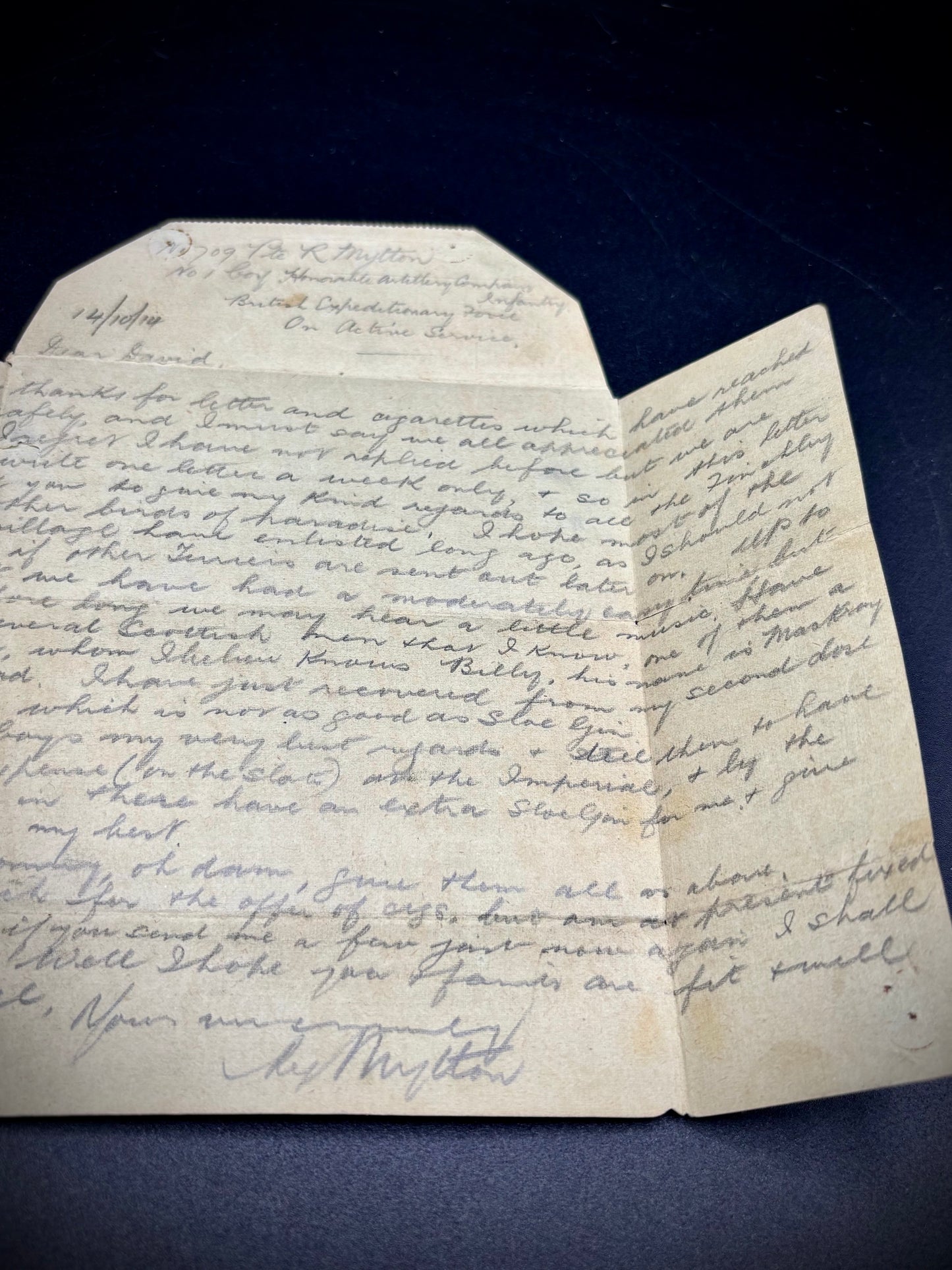 WW1 1914 Letter BEF Honourable Artillery Company