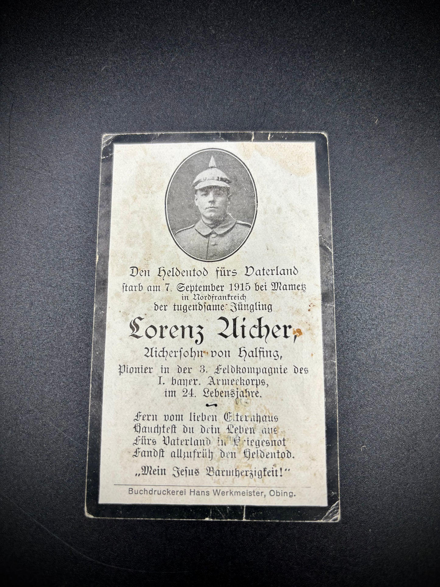 WW1 German Memorial Card 3rd Field Company 1st Bavarian Army Corps