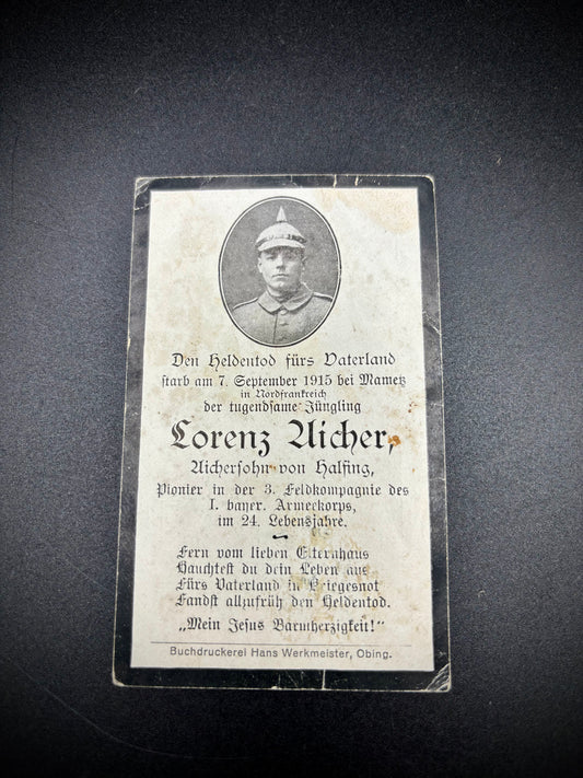 WW1 German Memorial Card 3rd Field Company 1st Bavarian Army Corps