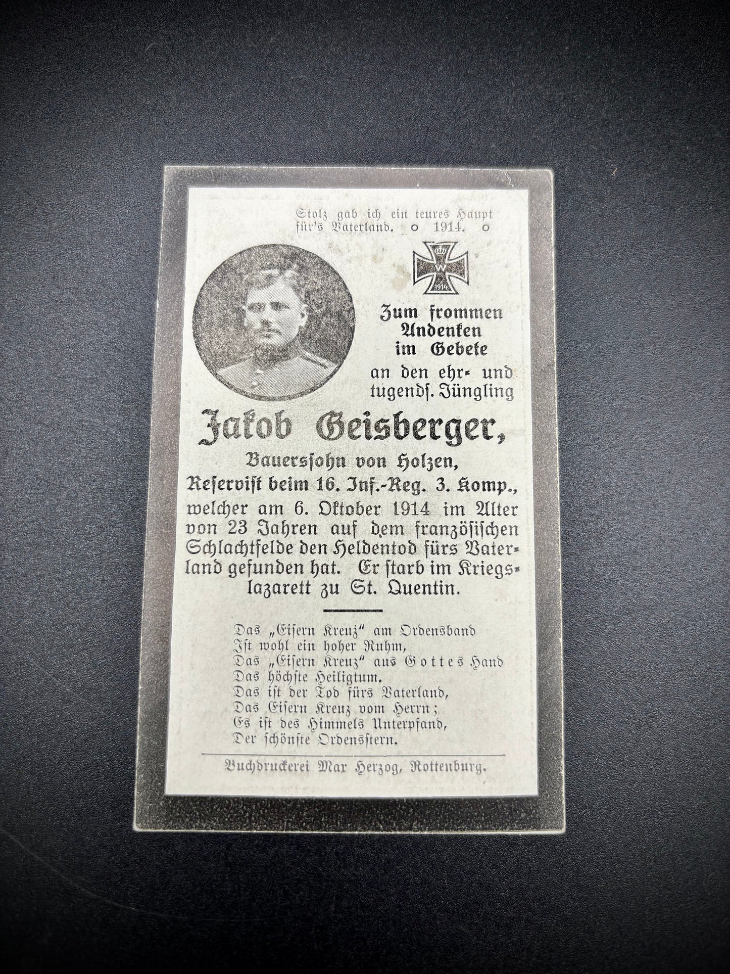 WW1 German Memorial Card 16th Infantry Regiment