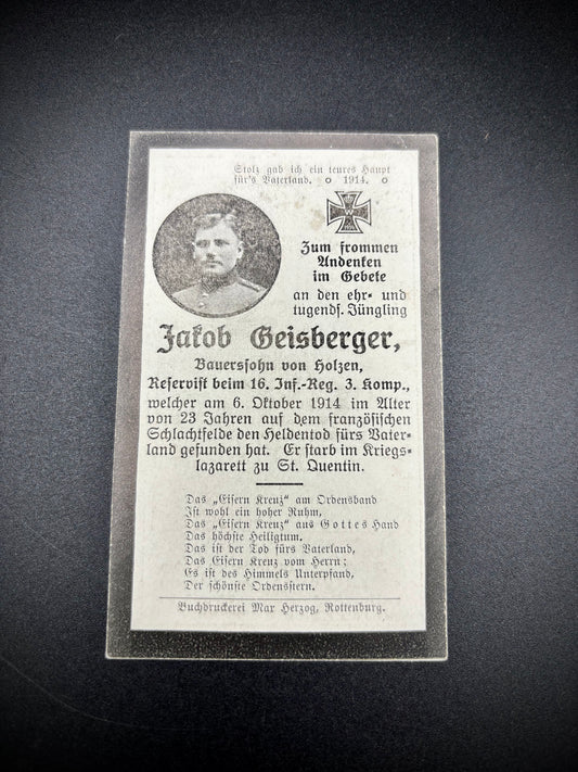 WW1 German Memorial Card 16th Infantry Regiment