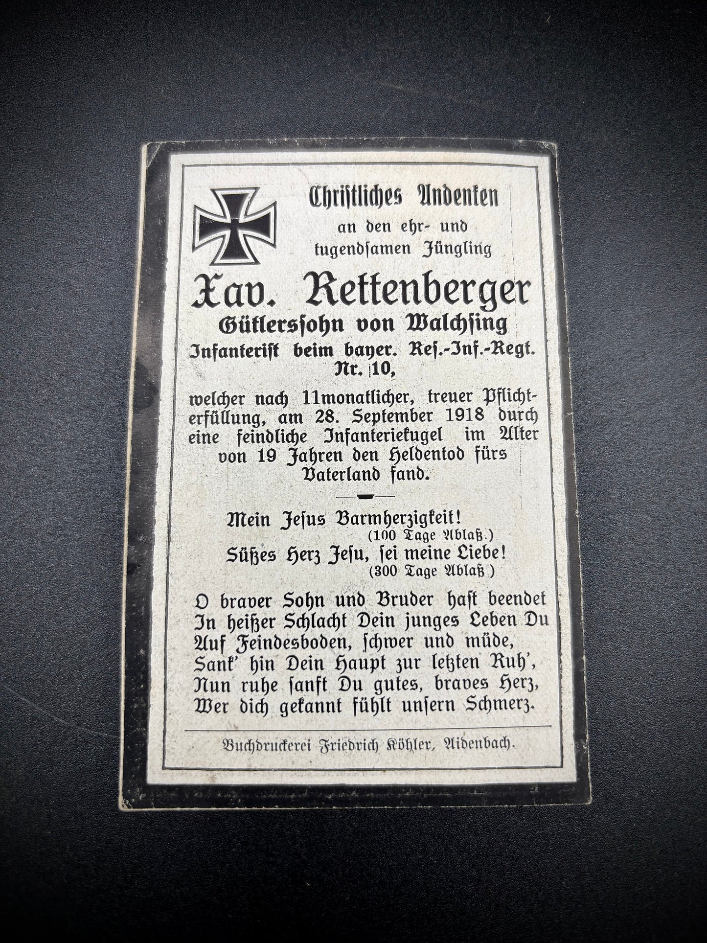 WW1 Memorial Card Bavarian Reserve Infantry Regiment 10 Hindenburg Line