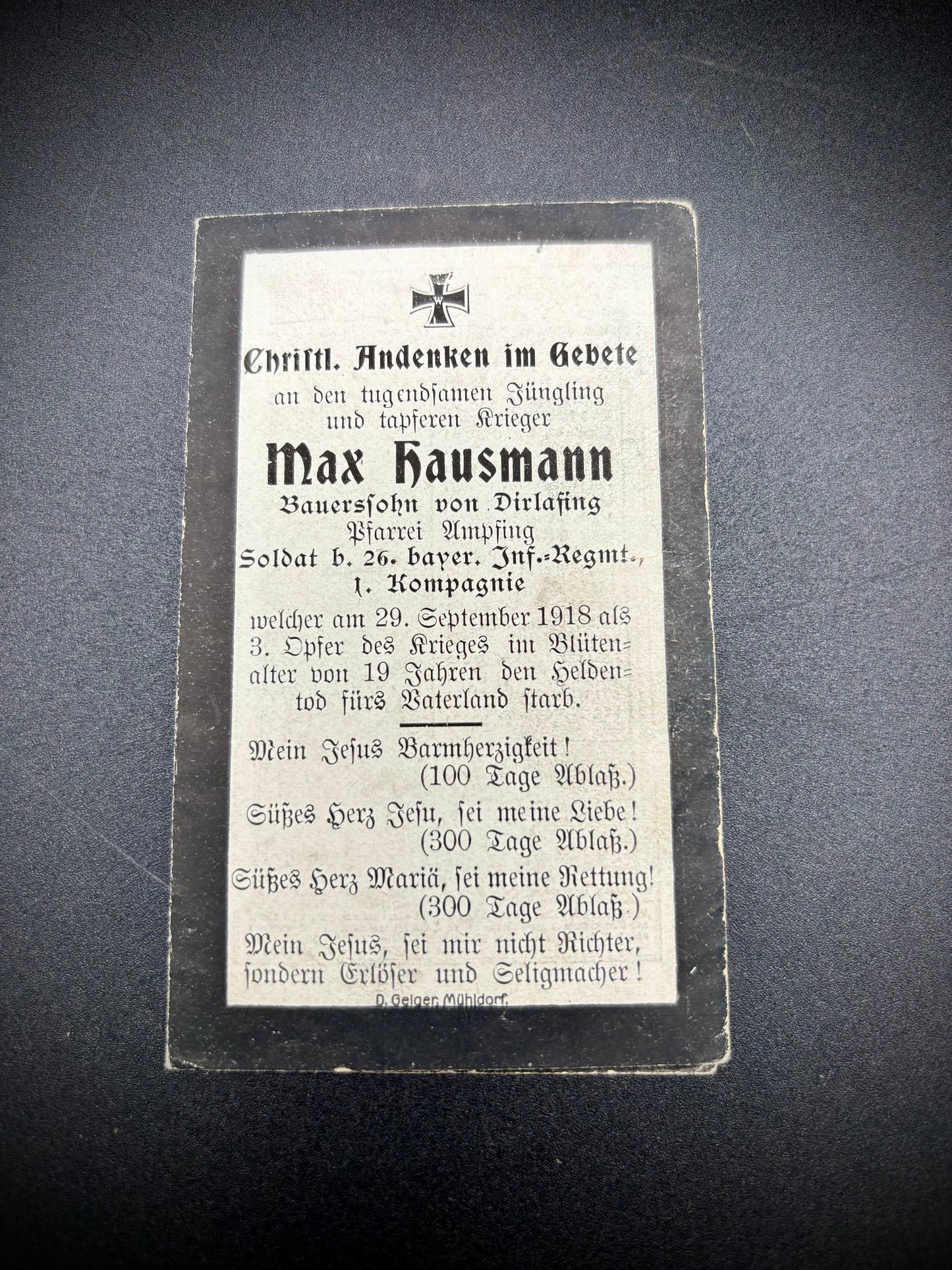 WW1 German Memorial Card 26th Bavarian Infantry Regiment Hindenburg Line