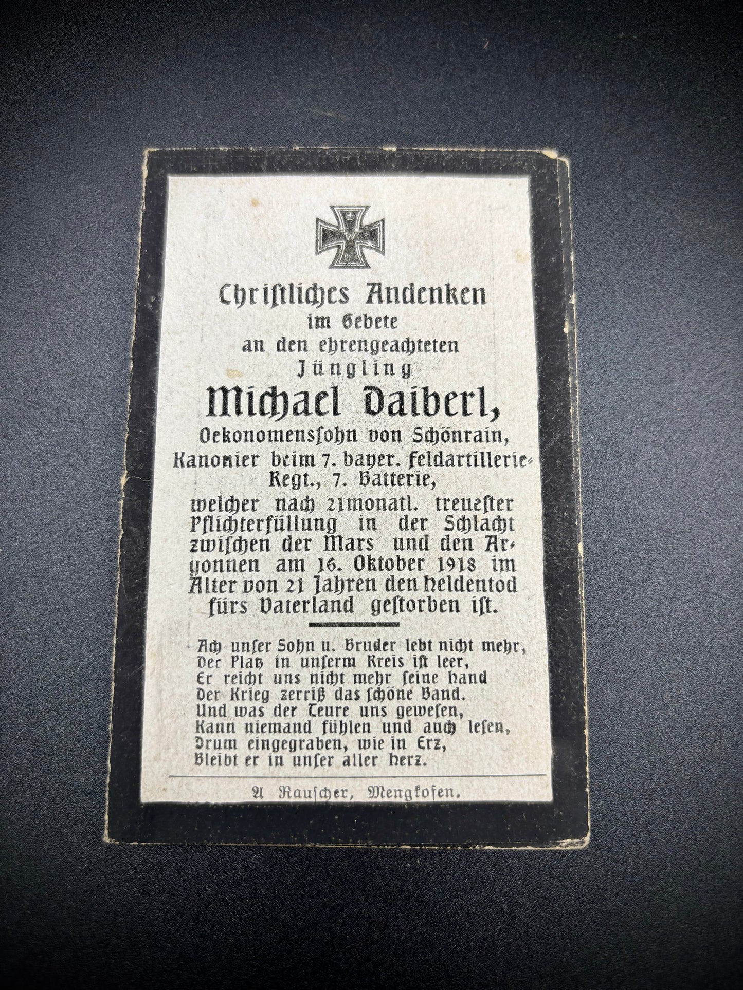 WW1 German Memorial Card Argonne