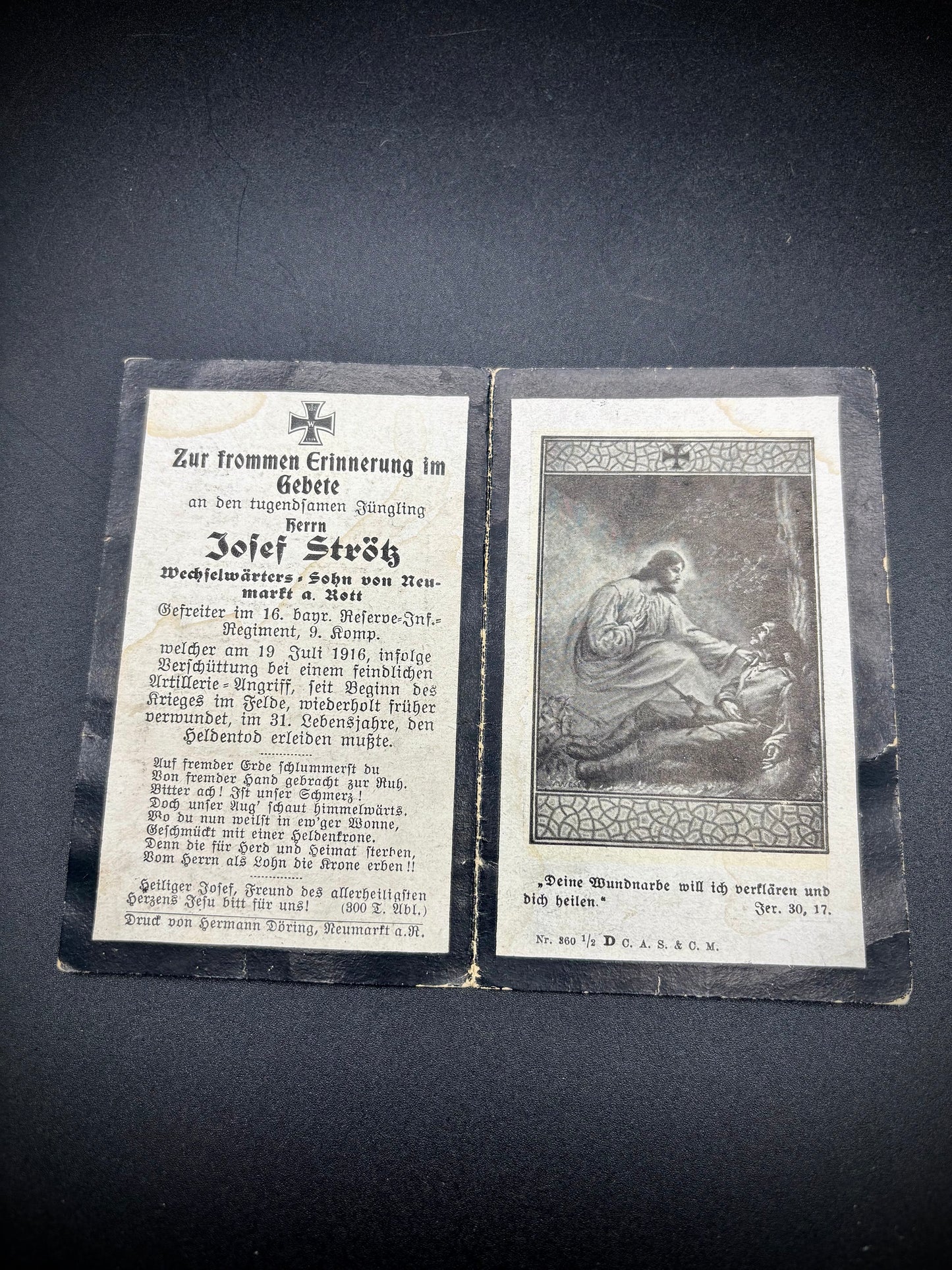 WW1 German Memorial card 16th Bavarian Reserve Infantry