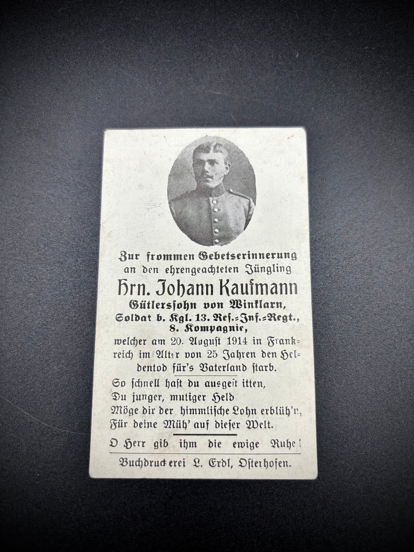 WW1 German Memorial Card 13th Reserve Infantry Regiment 1914