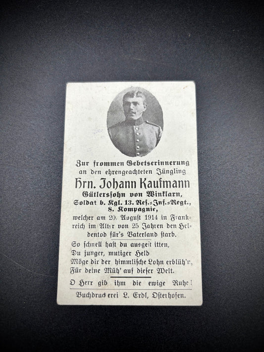 WW1 German Memorial Card 13th Reserve Infantry Regiment 1914