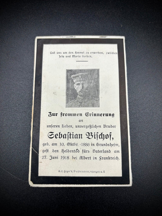 WW1 German Memorial Card Albert France June 1918