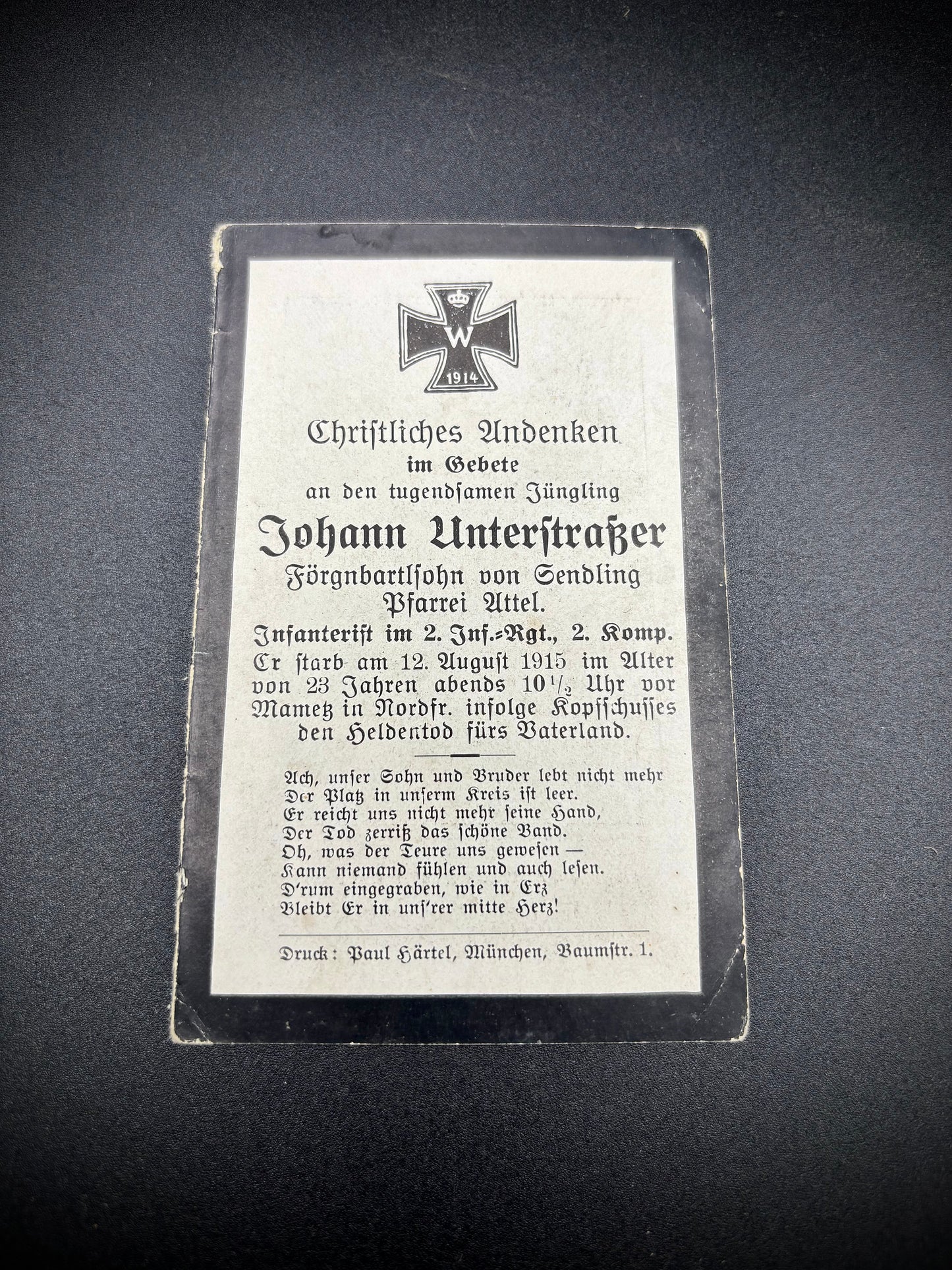 WW1 German Memorial Card Mametz 2nd Infantry Regiment