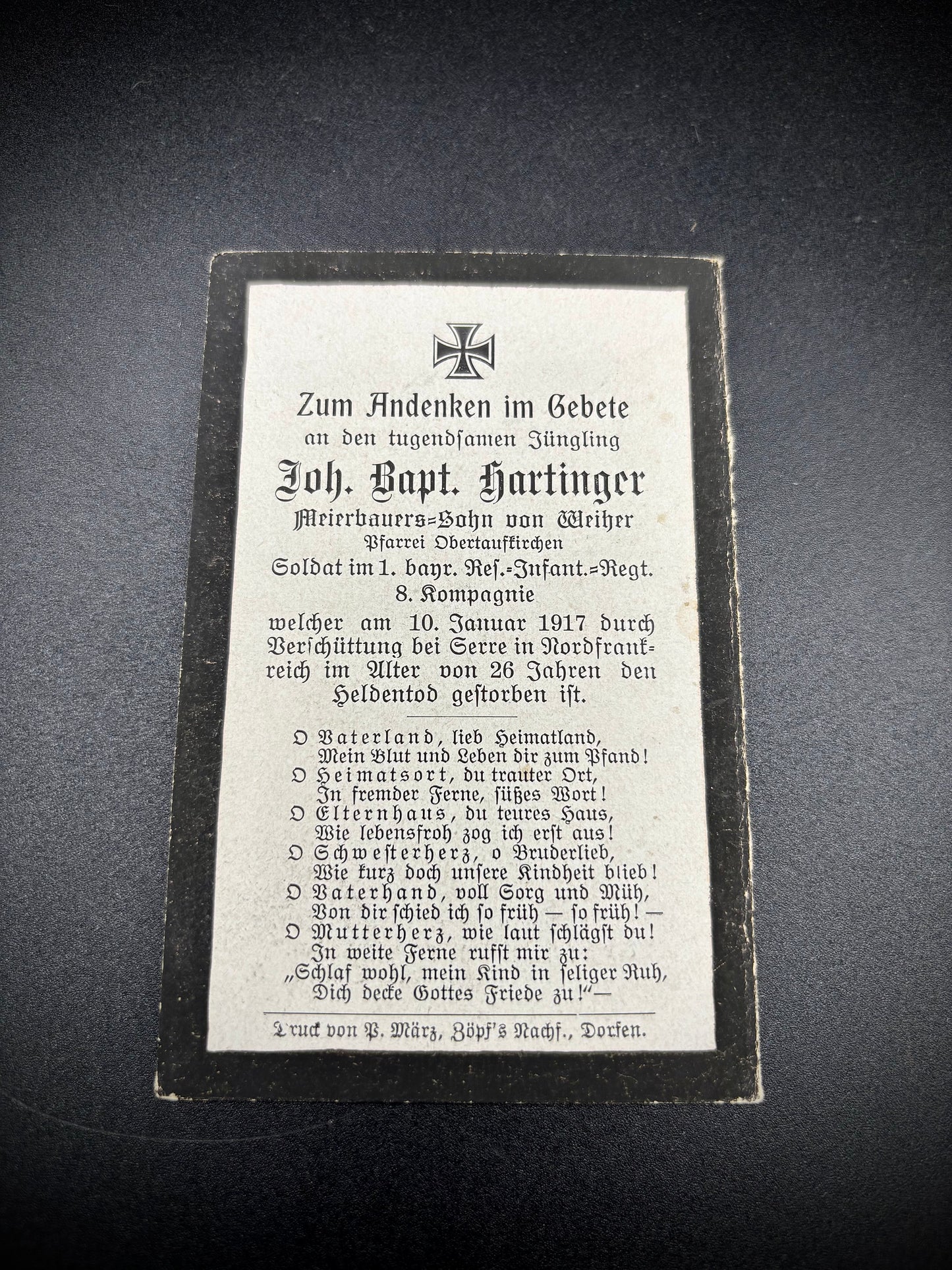 WW1 German Memorial Card 10th January 1917 Serre Somme