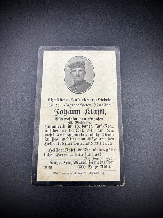 WW1 German Memorial Card 18th Bavarian Infantry Regiment