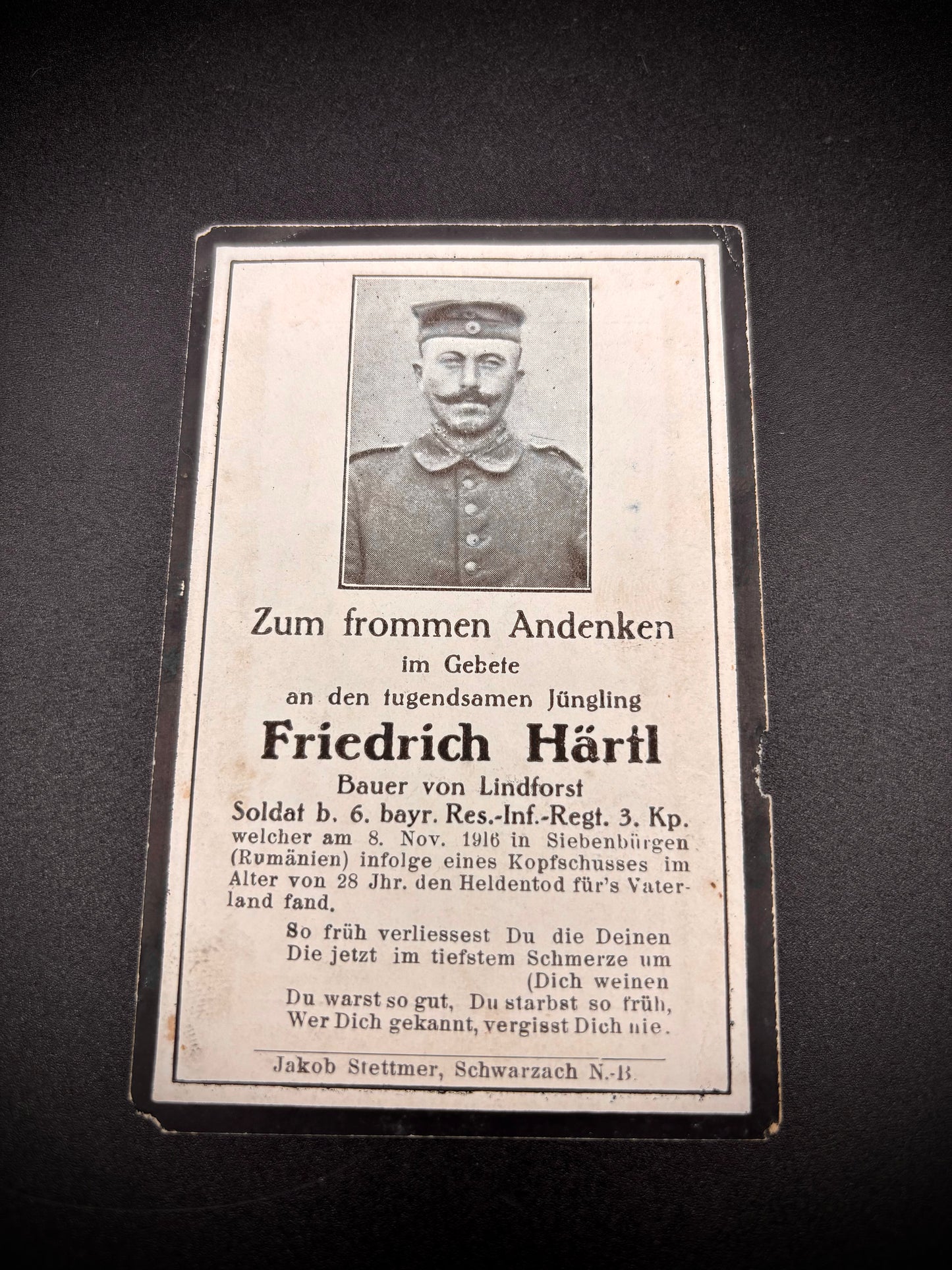 WW1 German Memorial Card Romania 1916