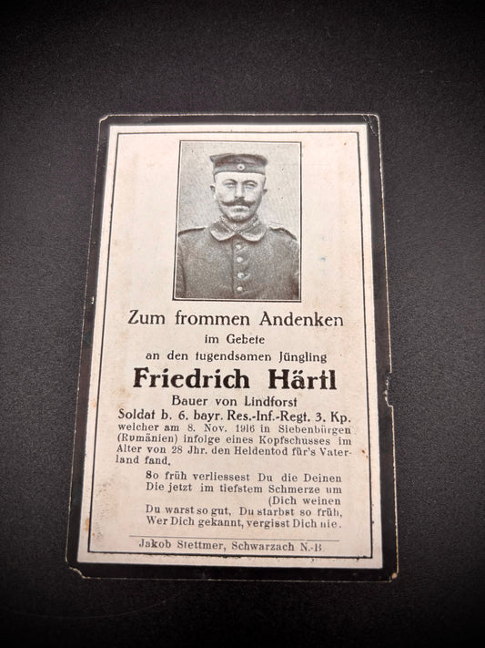 WW1 German Memorial Card Romania 1916