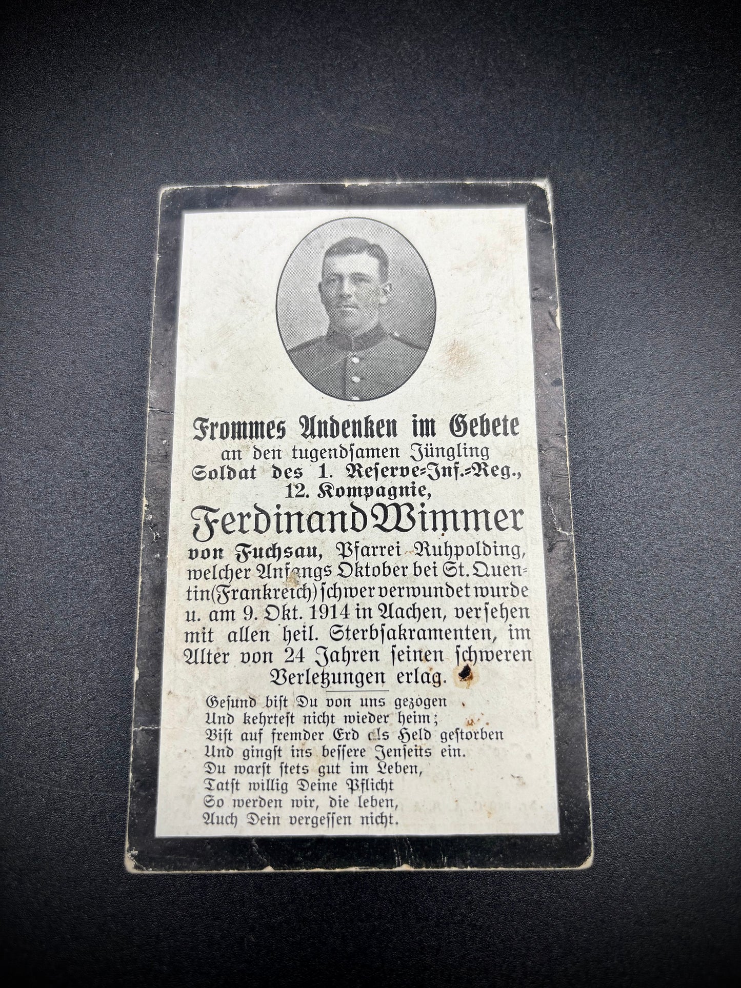 WW1 German Memorial Card St Quentin October 1914