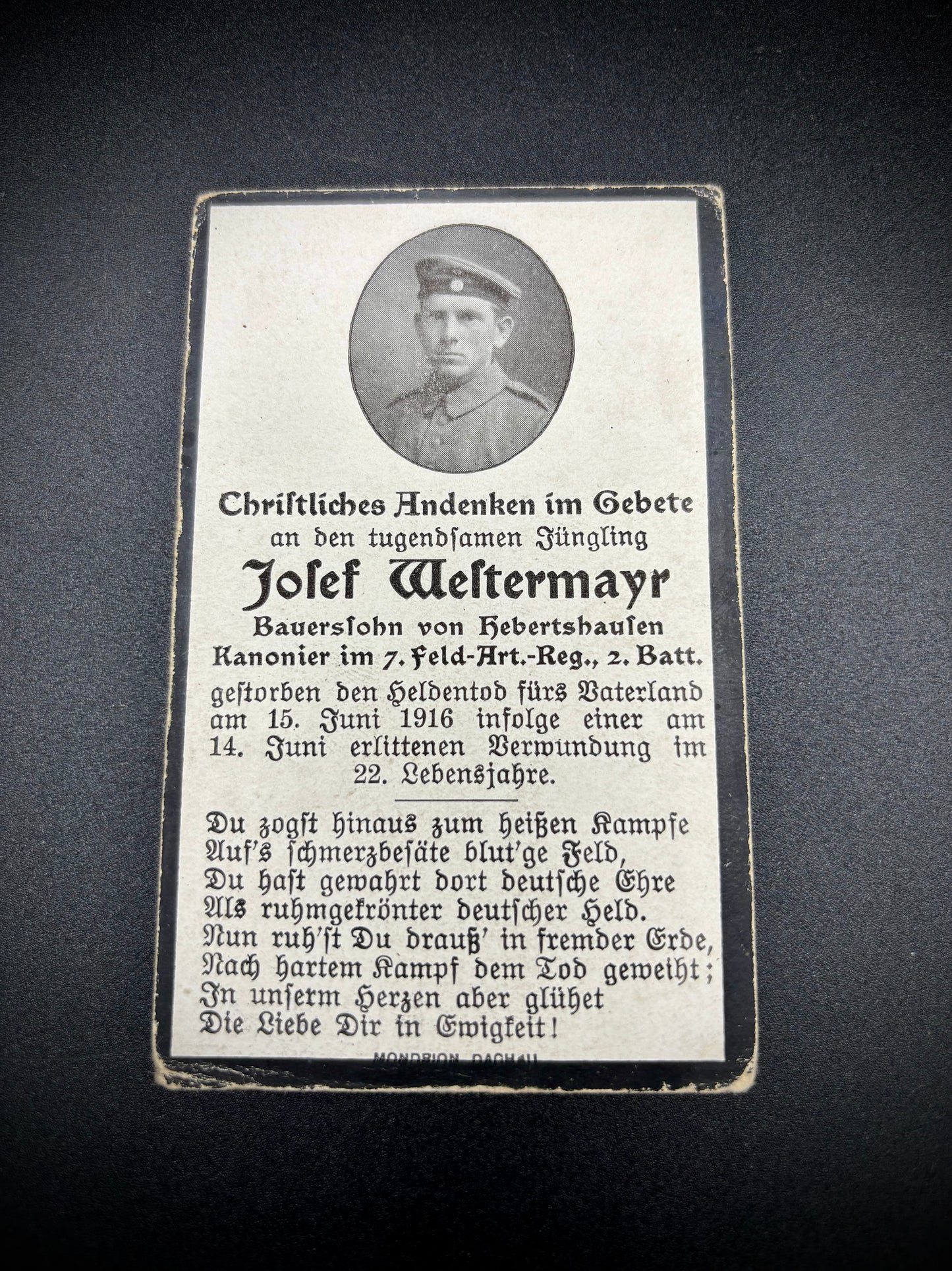 WW1 German Memorial Card 7th Field Artillery 2nd Battalion