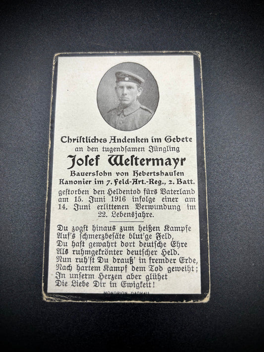 WW1 German Memorial Card 7th Field Artillery 2nd Battalion