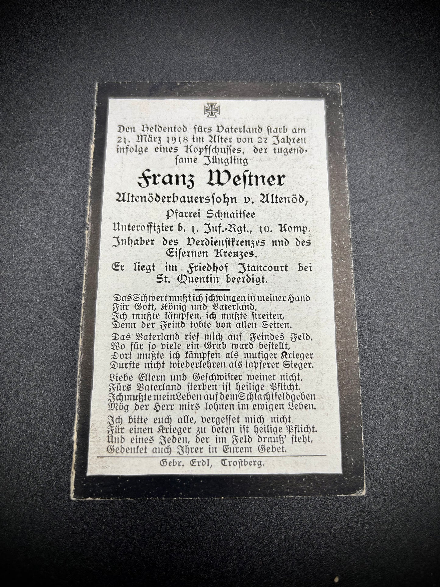 WW1 German Memorial Card Cross of Merit, Iron Cross recipient St Quentin