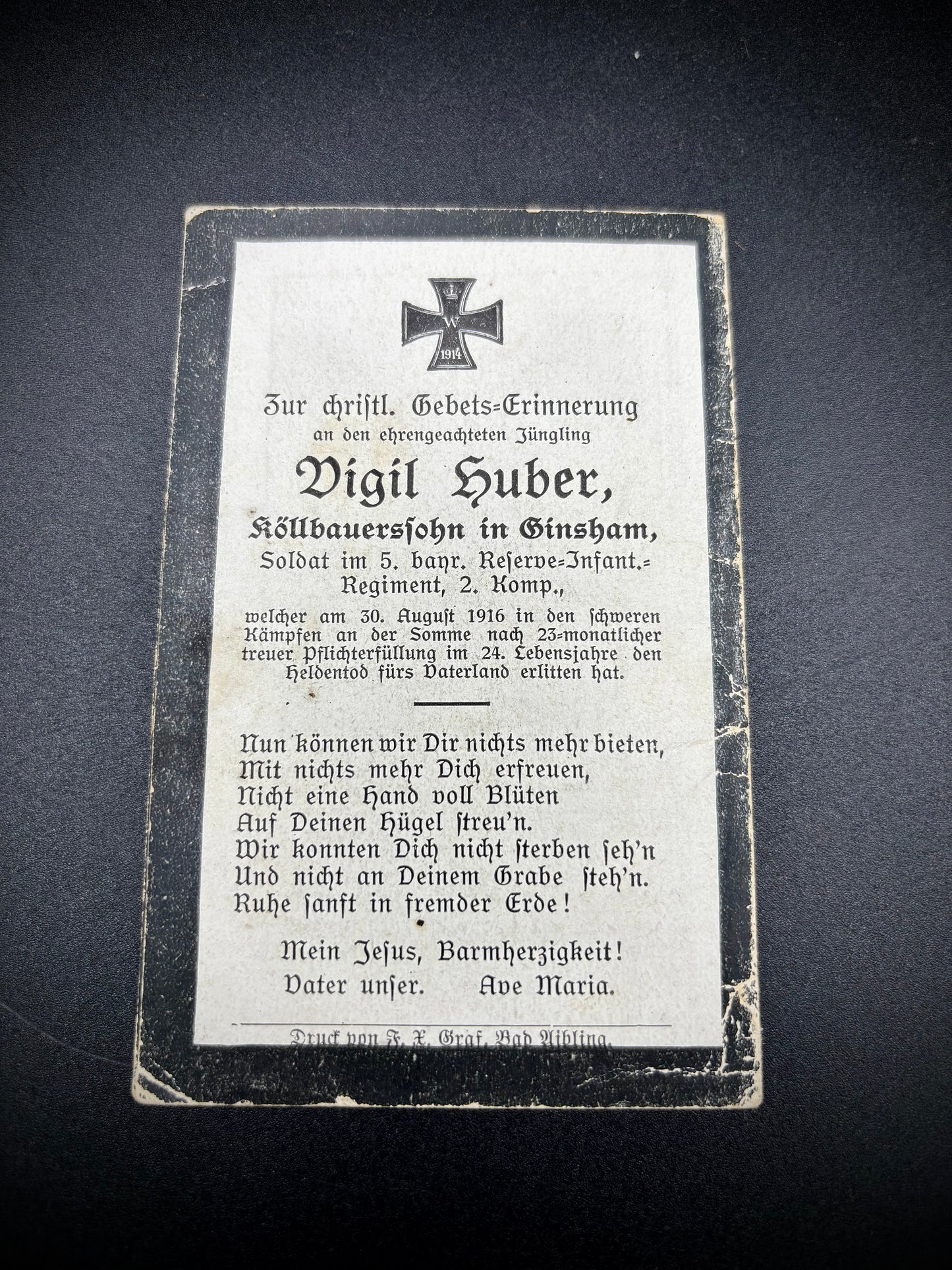 WW1 German Memorial Card Somme Casualty