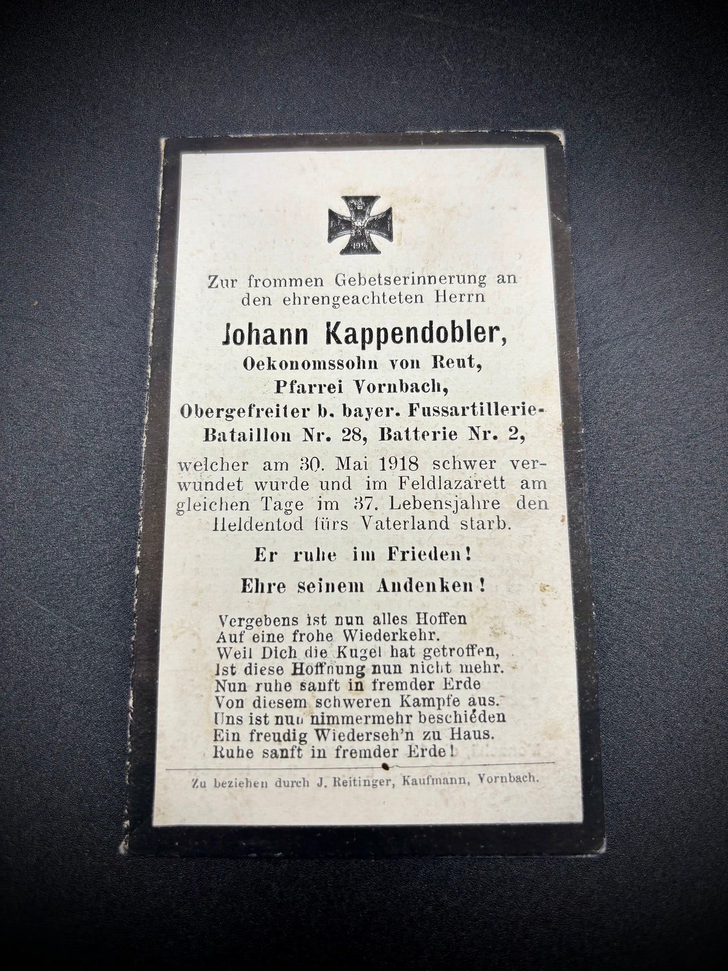 WW1 German Memorial Card Bavarian Foot Artillery 1918