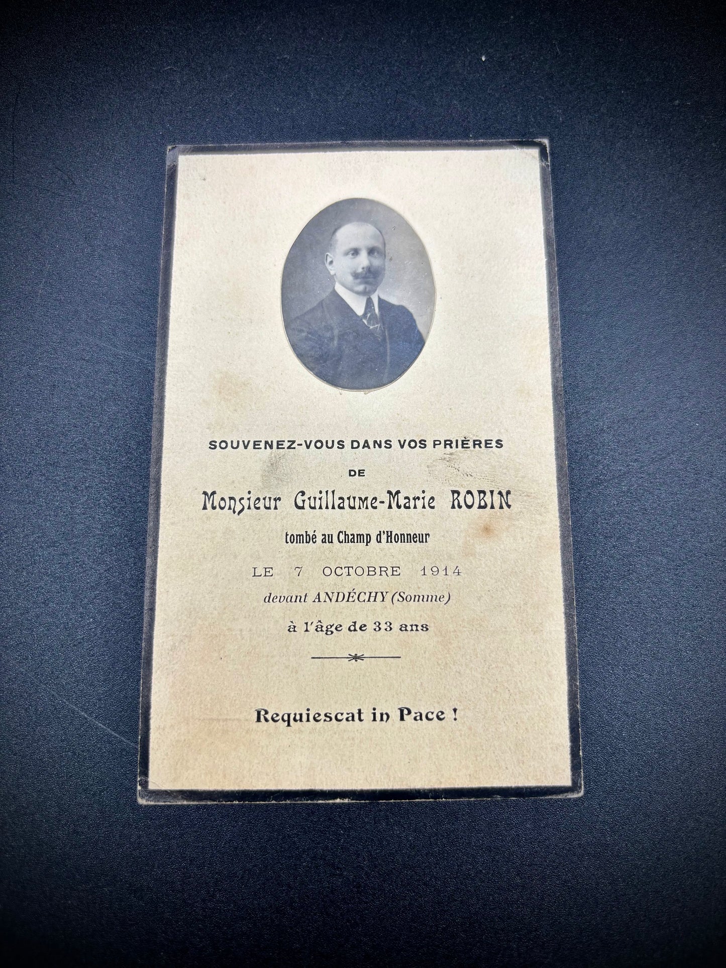 WW1 French Memorial Card KIA Andechy Somme 1914