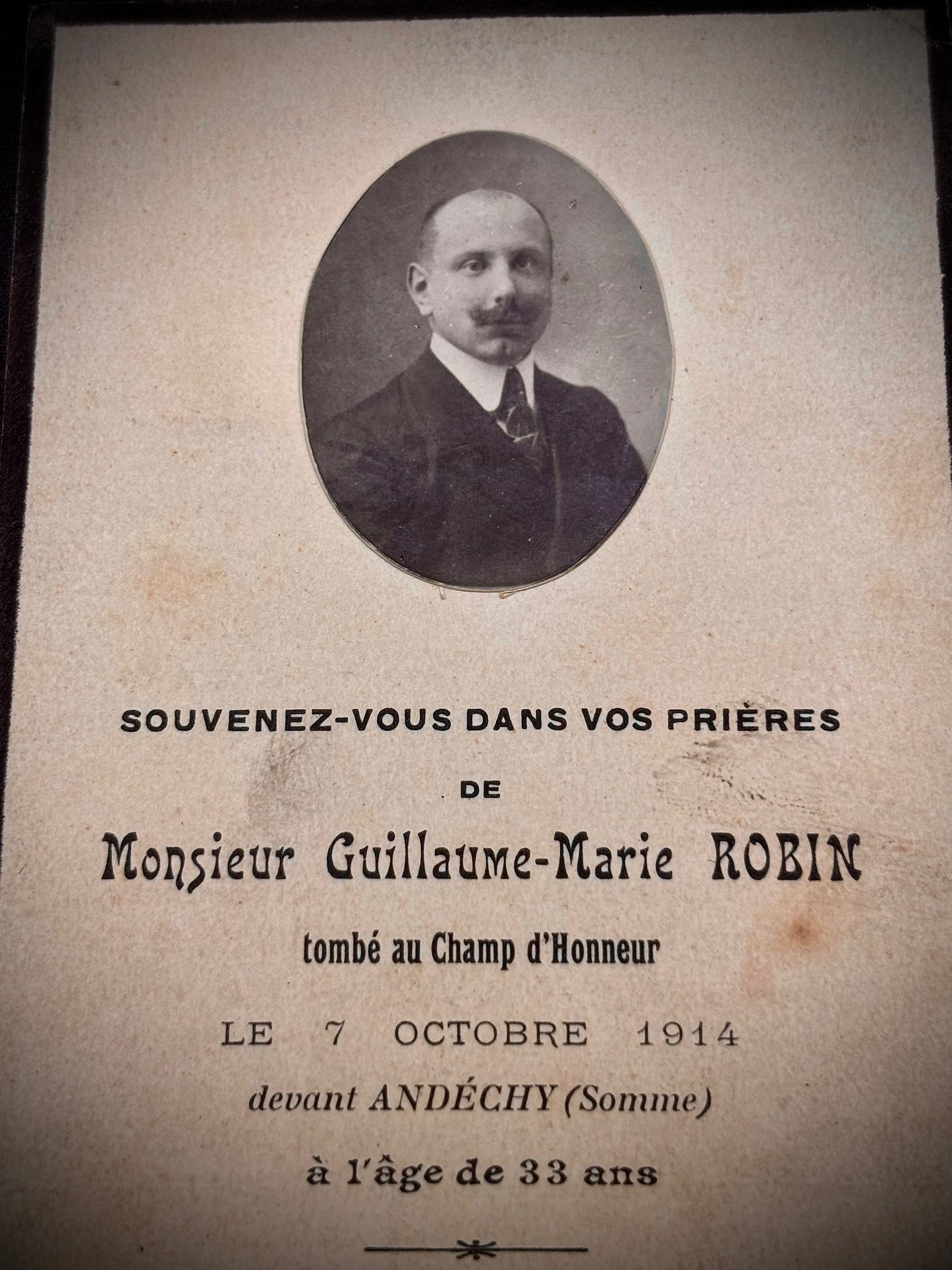 WW1 French Memorial Card KIA Andechy Somme 1914