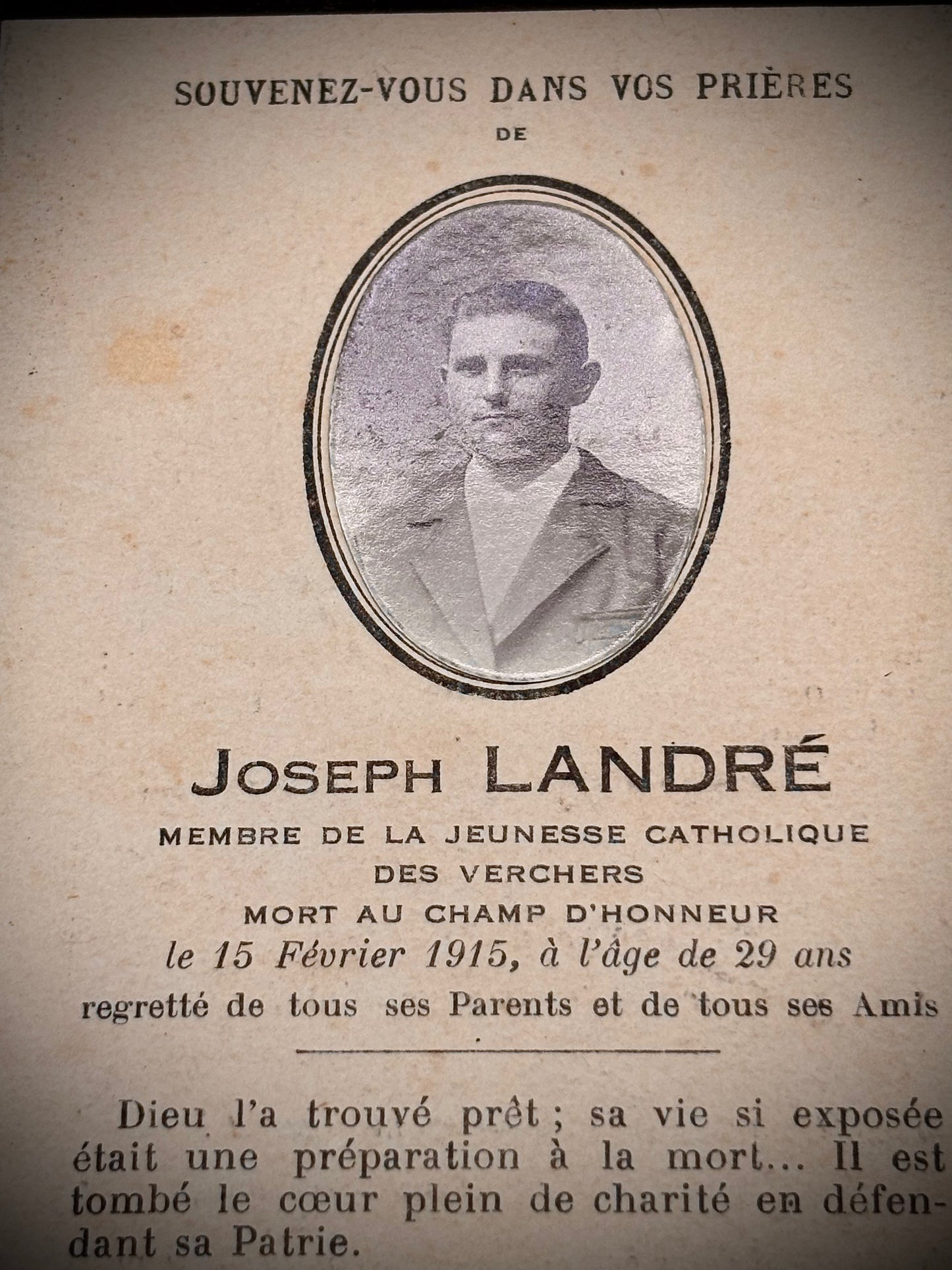 WW1 French Memorial Card 1915