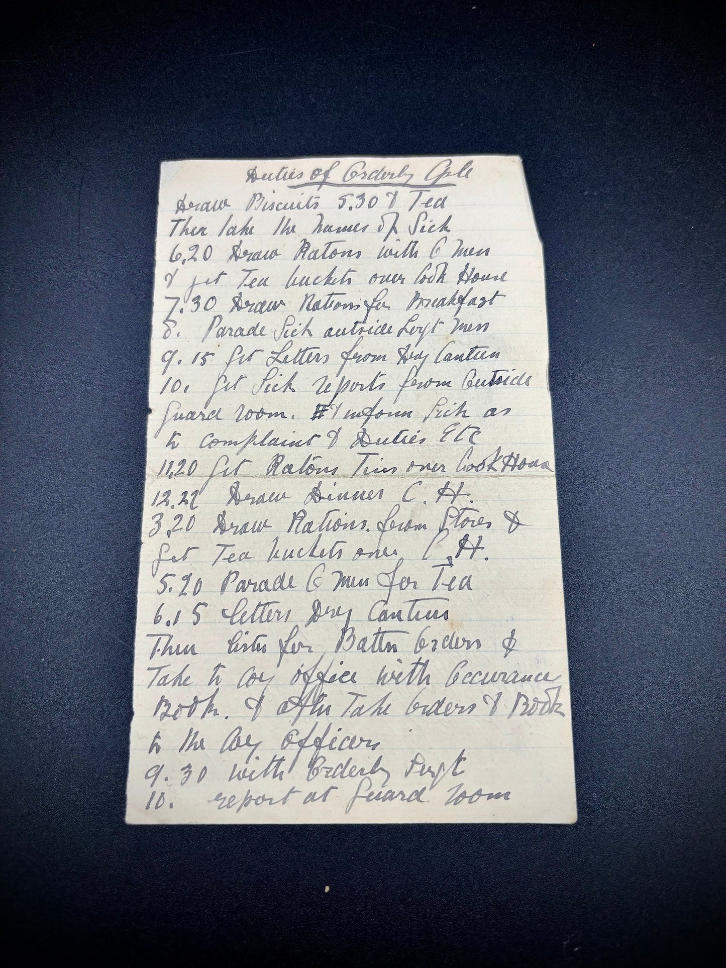 WW1 British Duties Of A Orderly Corporal Note