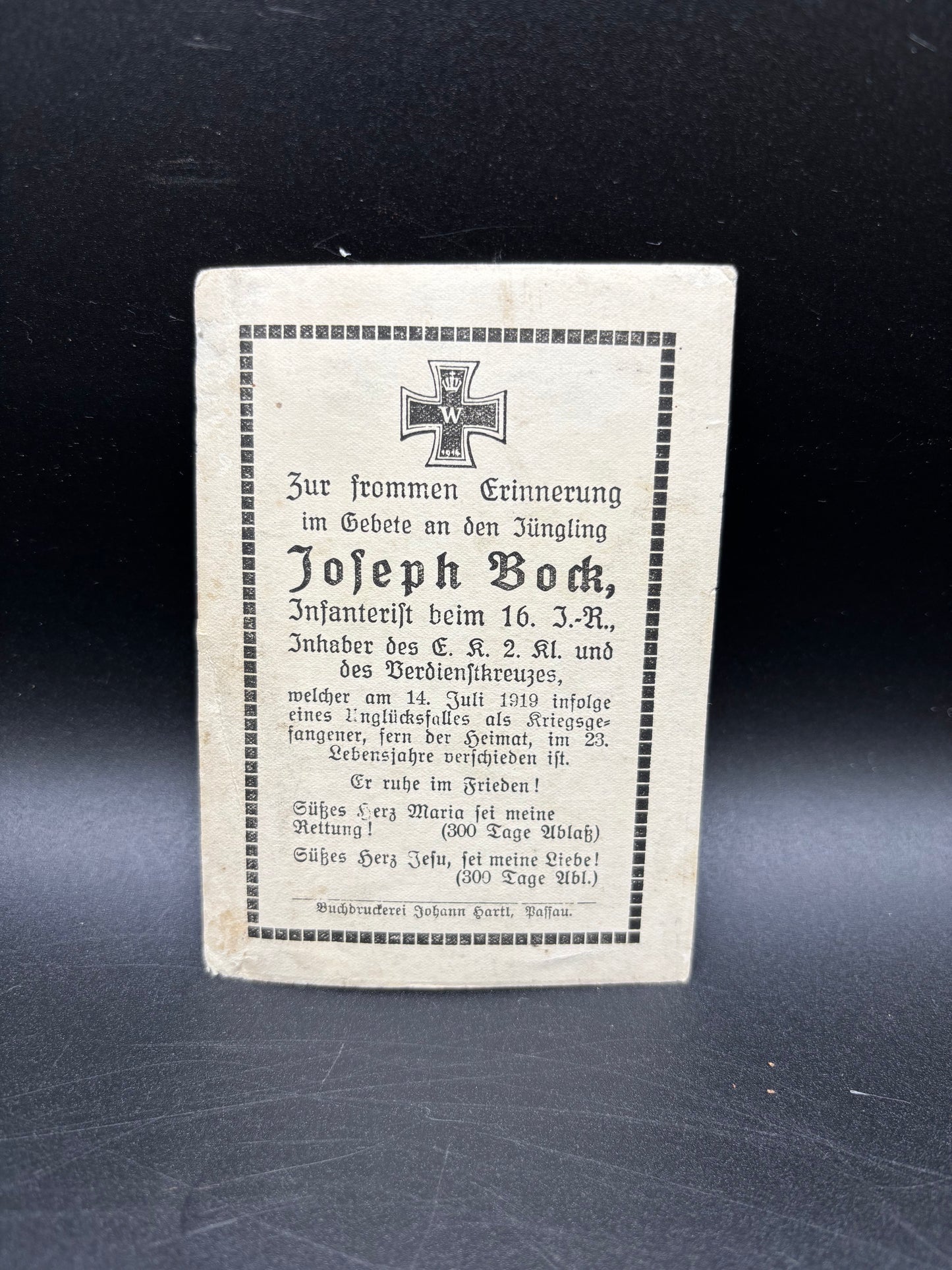 WW1 Memorial Card Prisoner of War Cross of Merit