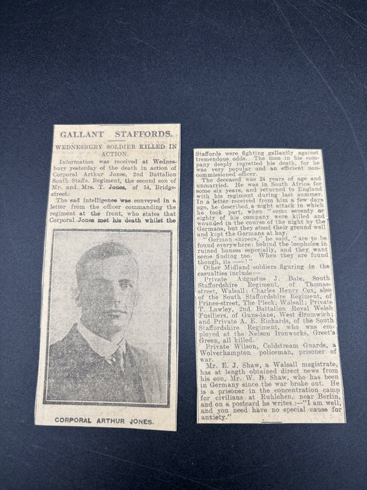 WW1 Newspaper Cliping 2nd Battalion South Staffordshire