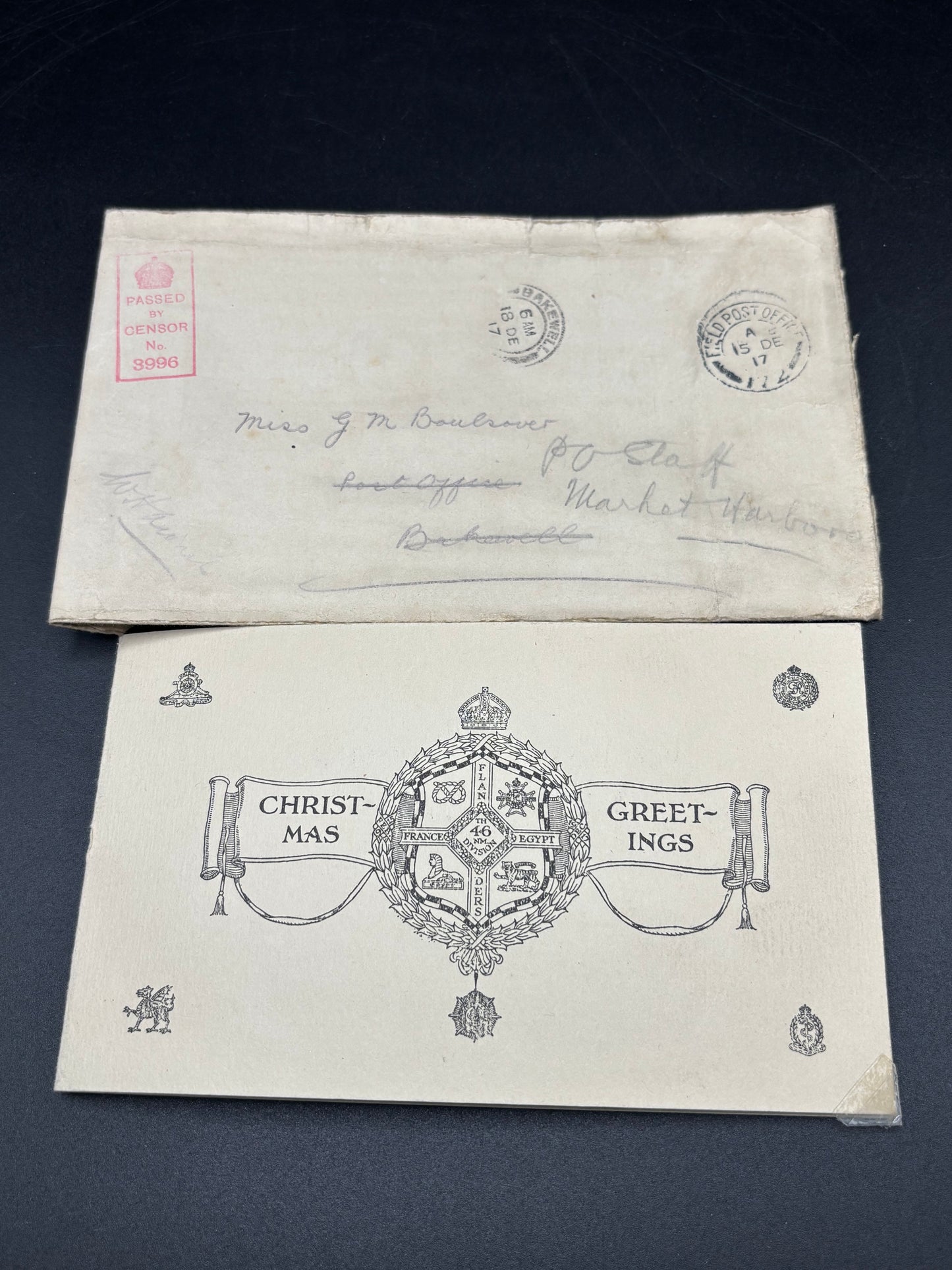 WW1 46th Division Christmas Postcard And Envelope 1917