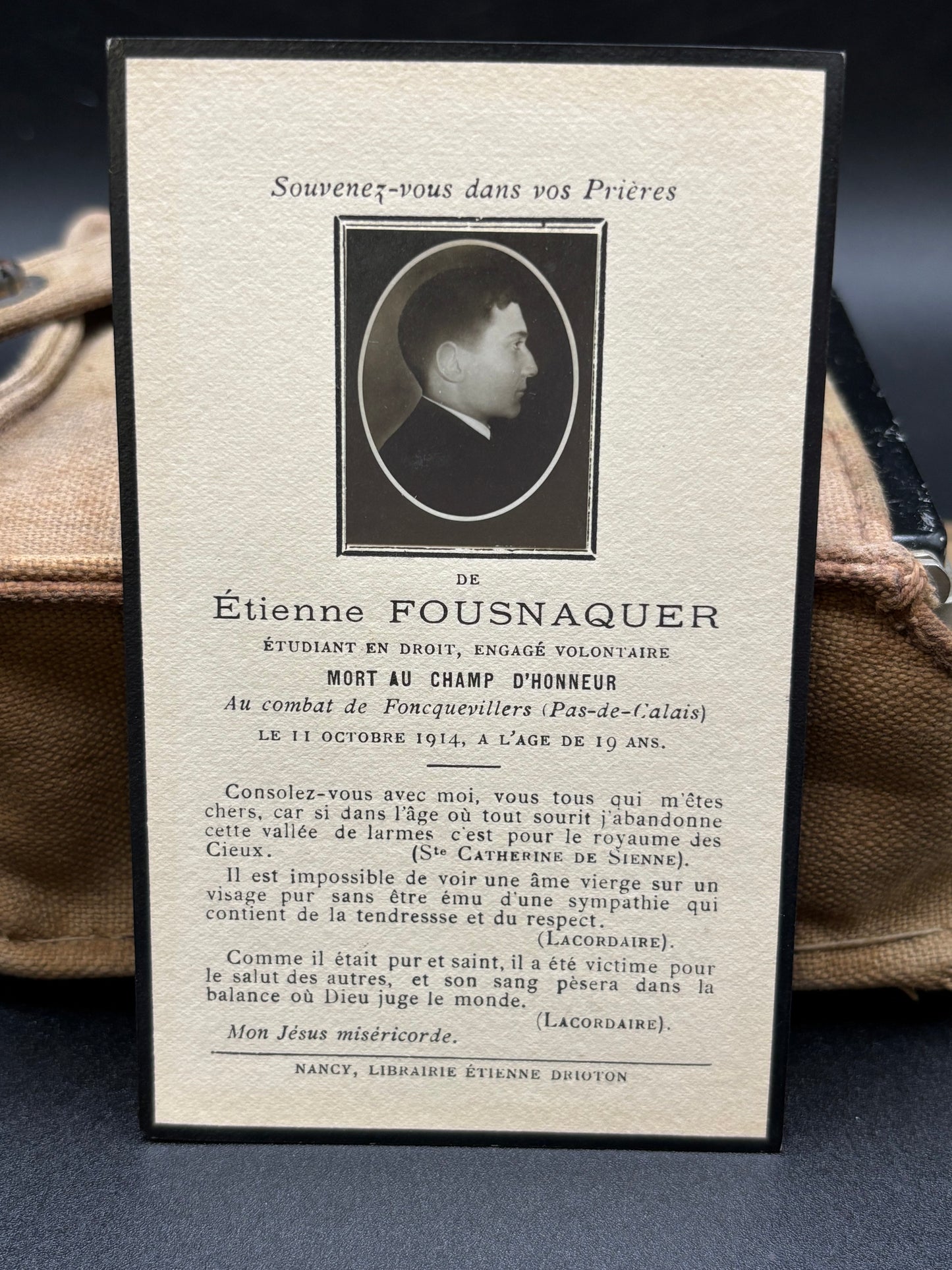 WW1 French Memorial Card Very Early War Foncquevillers