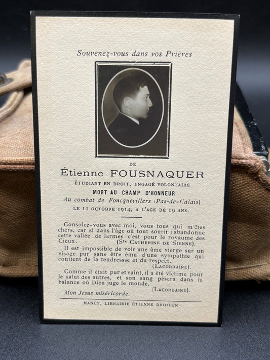 WW1 French Memorial Card Very Early War Foncquevillers