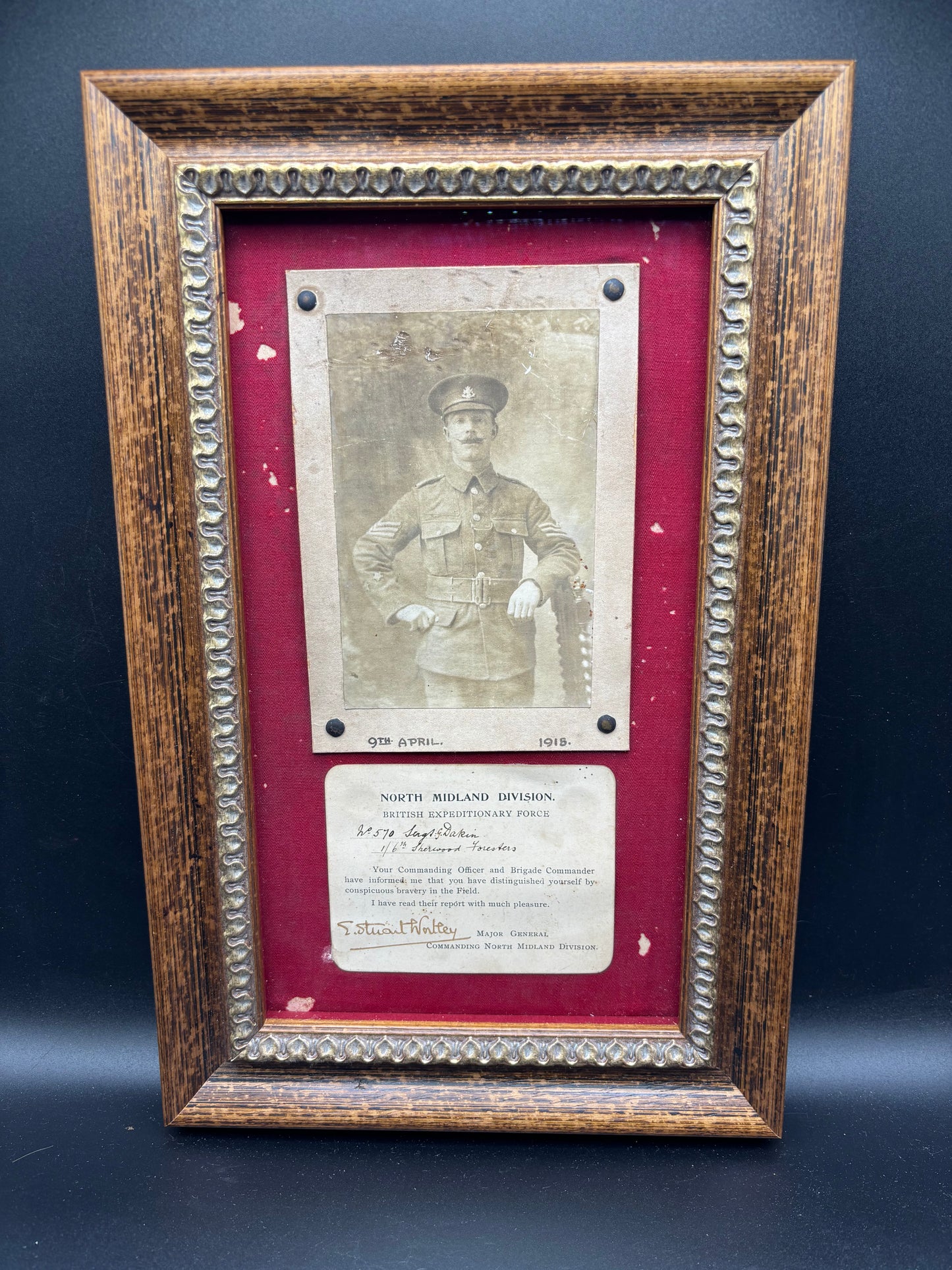 WW1 Notts and Derby Bravery In The Field Commendation Signed By Sir Stuart Wortley CO 46th Division